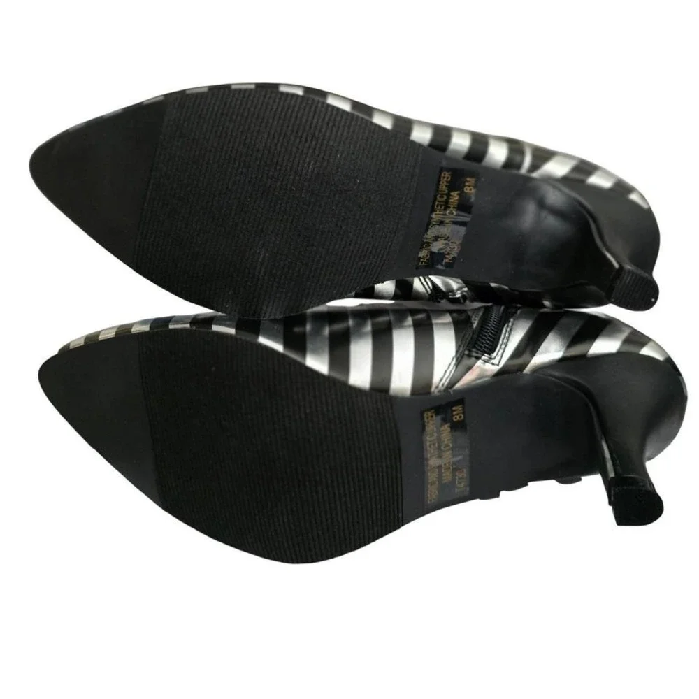 T4730 Silver Black Striped Pointed‎ Toe Kitten Heel Ankle Boots A4892 Size 8M
